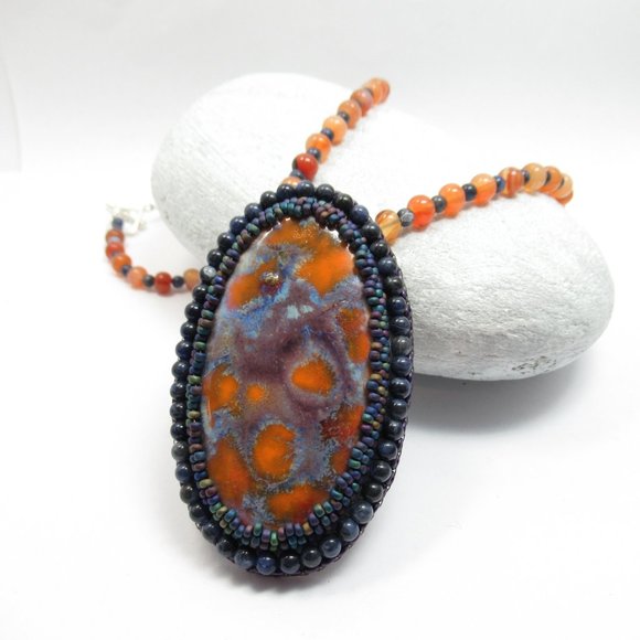 Artisan Cabochon Necklace on Carnelian and Sodalite - Picture 1 of 13